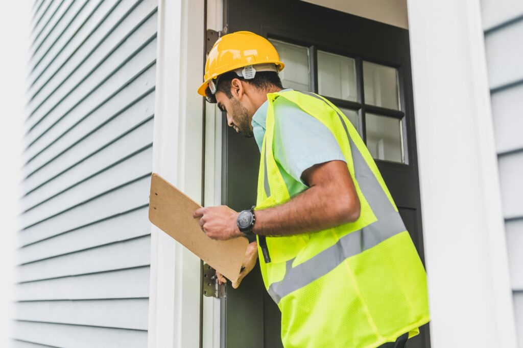 A male inspector in a hard hat conducts a property inspection outdoors with a clipboard.